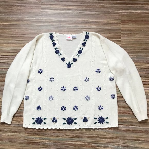 Alia White Cable Knit Pullover Sweater with Blue Floral Embroidery & Beading - Picture 2 of 7